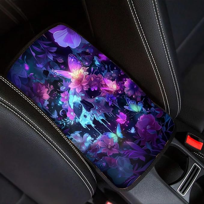 Skull Print Center Console Pad Butterfly Flower Print Armrest Cushion Cover for Cars Dust-Proof Decorative Armrest Seat Box Cover for Auto Interior