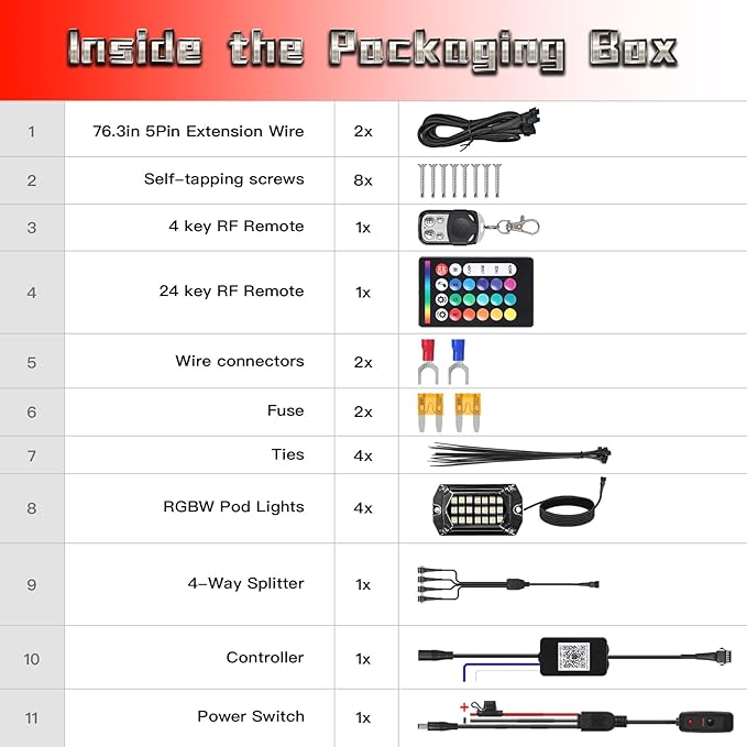 4 Pods Full Angle RGBW LED Rock Lights for ATV UTV RZR SXS Truck Jeeps Offroad,Waterproof Multicolor Neon Underglow Kit with APP/RF Remote, 12V Pure White Underbody Lights