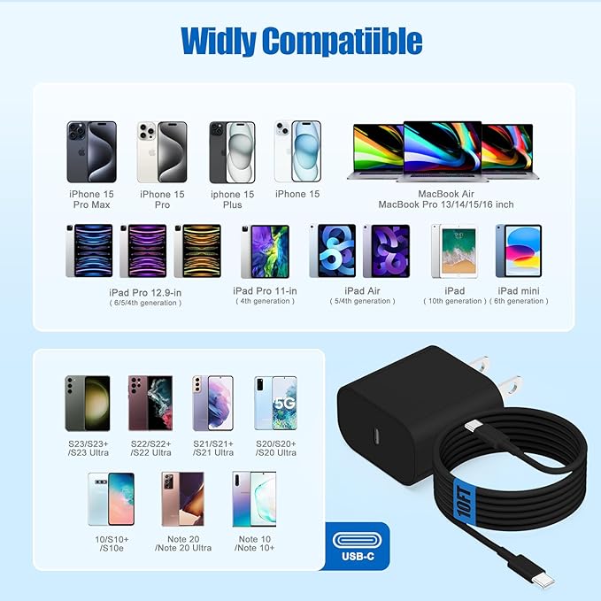 iPhone 17 16 15 Fast Charger Block and 10ft Type C to C Cable Cord Long, 20W USB C Charging Plug for Apple iPhone 17 Pro Max/17 Air/16 Pro Max/16/15 Pro/15 Plus/iPad Mini,Wall Power Adapter Cube Brick