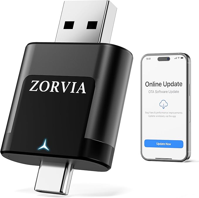 ZORVIA Wireless CarPlay Adapter for iPhone & Android Auto 2026 Upgraded - Convert Wired CarPlay to Wireless, Fast Auto Reconnect, Plug and Play, USB-C & USB-A (Black)