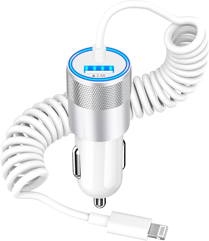 [Apple MFi Certified] iPhone Fast Car Charger, Caiinei 4.8A Dual USB Power Car Charger Fast Charging Cigarette Lighter+6FT Coiled Lightning Cable for iPhone 14 13 12 11 Pro Max XS Mini XR X 8 SE iPad