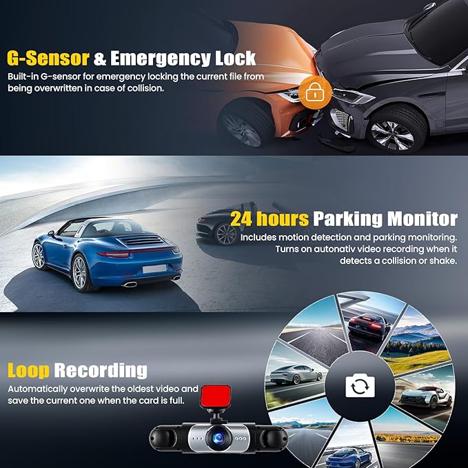 4 Channel 360° Dash Cam Front and Rear Inside Left Right,3.16" 1080P Dash Camera for Cars Car Camera with IR Night Vision,Loop Recording,Parking Assistance,24H Parking Monitor