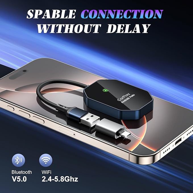 Wireless Carplay Adapter, 2 in 1 Wireless CarPlay & Android Auto Adapter with Dual-Band WiFi and Bluetooth 5.0 Car Play Connector Compatible with iOS 10+ / Android 11+ Instant Connectivity Easy Setup