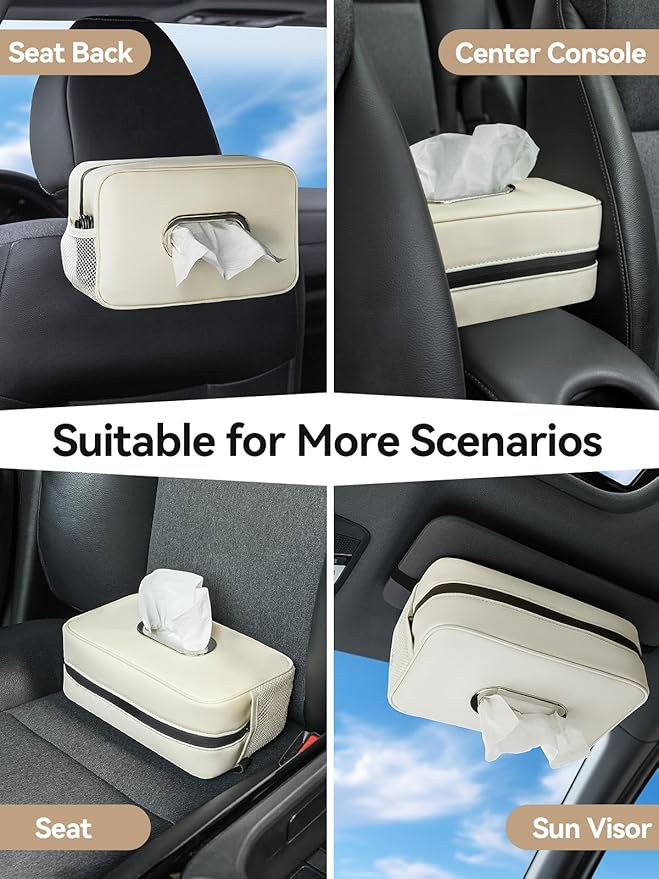 2 Pack Multi-Functional Car Tissue Holder with ‌2 Tuck Nets, Upgraded PU Leather Tissue Box Cover, Large Rectangle Napkin Storage Organizer, Keep Car Tidy, Beige