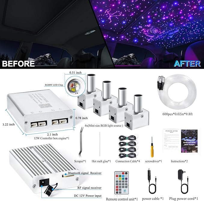 Split 4 Colors 12W Car Starlight Headliner Kit 600pcs*0.02in*9.8ft with APP&RF Remote,RGBW Fiber Optic Strands Star Roof Lights,4 Port Engine Sound Activated Star Ceiling Lights for Car/Home Decor