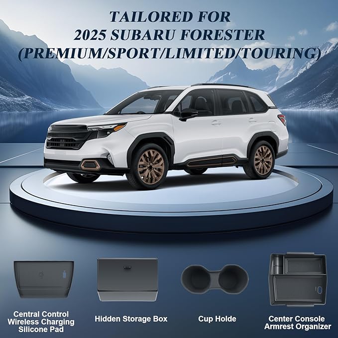 BIBIBO for 2025 2026 Subaru Forester Console Organizer 2025 2026 Subaru Forester Console Armrest Tray+Cup Holder +Wireless Charging Mat +Hidden Storage Box 2025 Forester Accessories