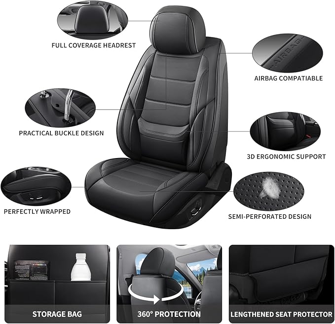 Car Seat Covers Full Set Custom Fit for Ford Escape 2001-2026 - Premium Faux Leather with Lumbar Support, Breathable, Anti-Slip & Full Wrapping Edge (Black,Full Set)