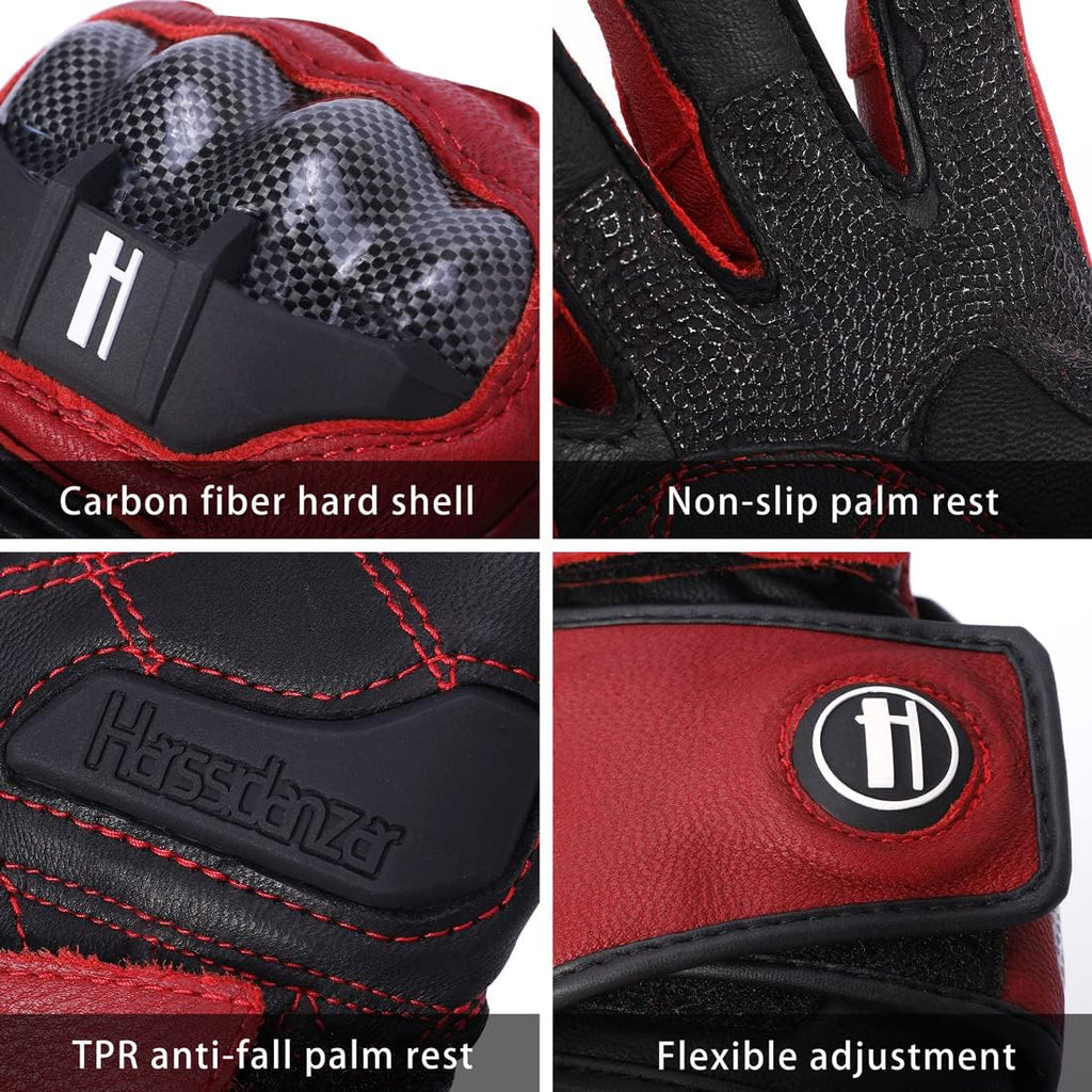 Harssidanzar Leather Motorcycle Gloves for Men and Women,Powersports Carbon Fiber Knuckle Protection Motorbike Gloves KM045