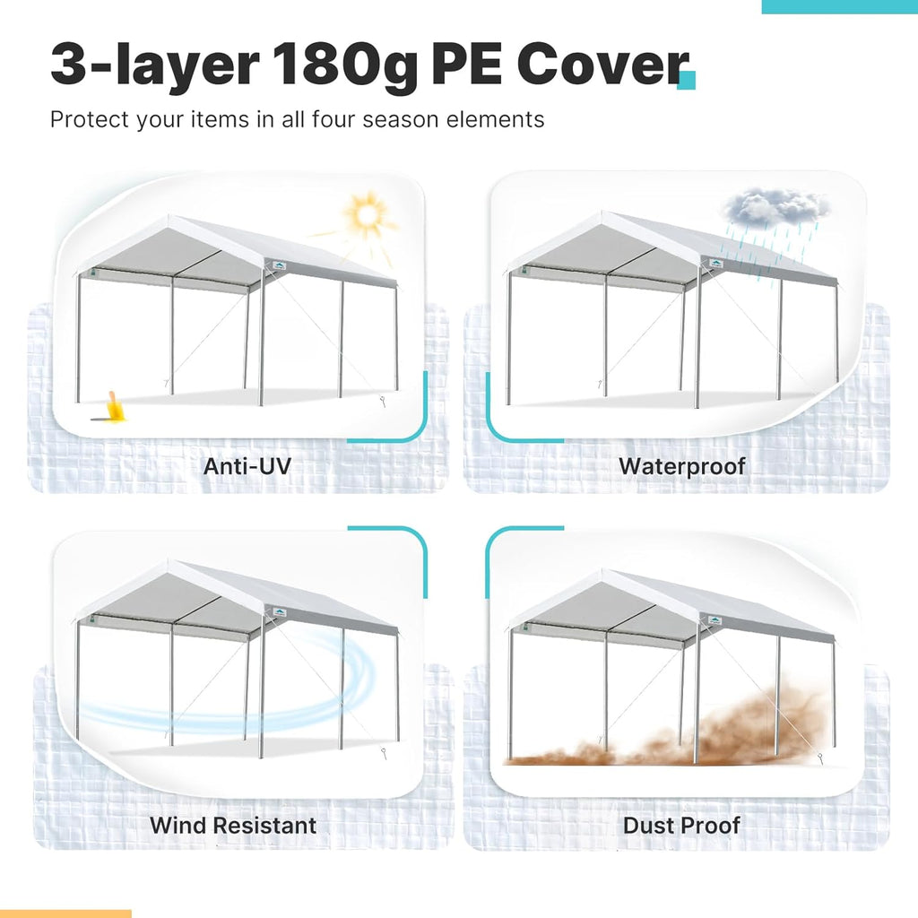 ADVANCE OUTDOOR Adjustable 10x15 ft Heavy Duty Carport Car Canopy Garage Boat Shelter Party Tent, Adjustable Height from 9.5 ft to 11 ft, White