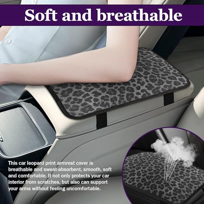 Leopard Cheetah Print African Animal Hunting Auto Center Console Armrest Pad, Car Center Console Cover, Auto Accessories Soft Comfort Armrest Cover Cushion Mat for Most Cars (Black leopard print)