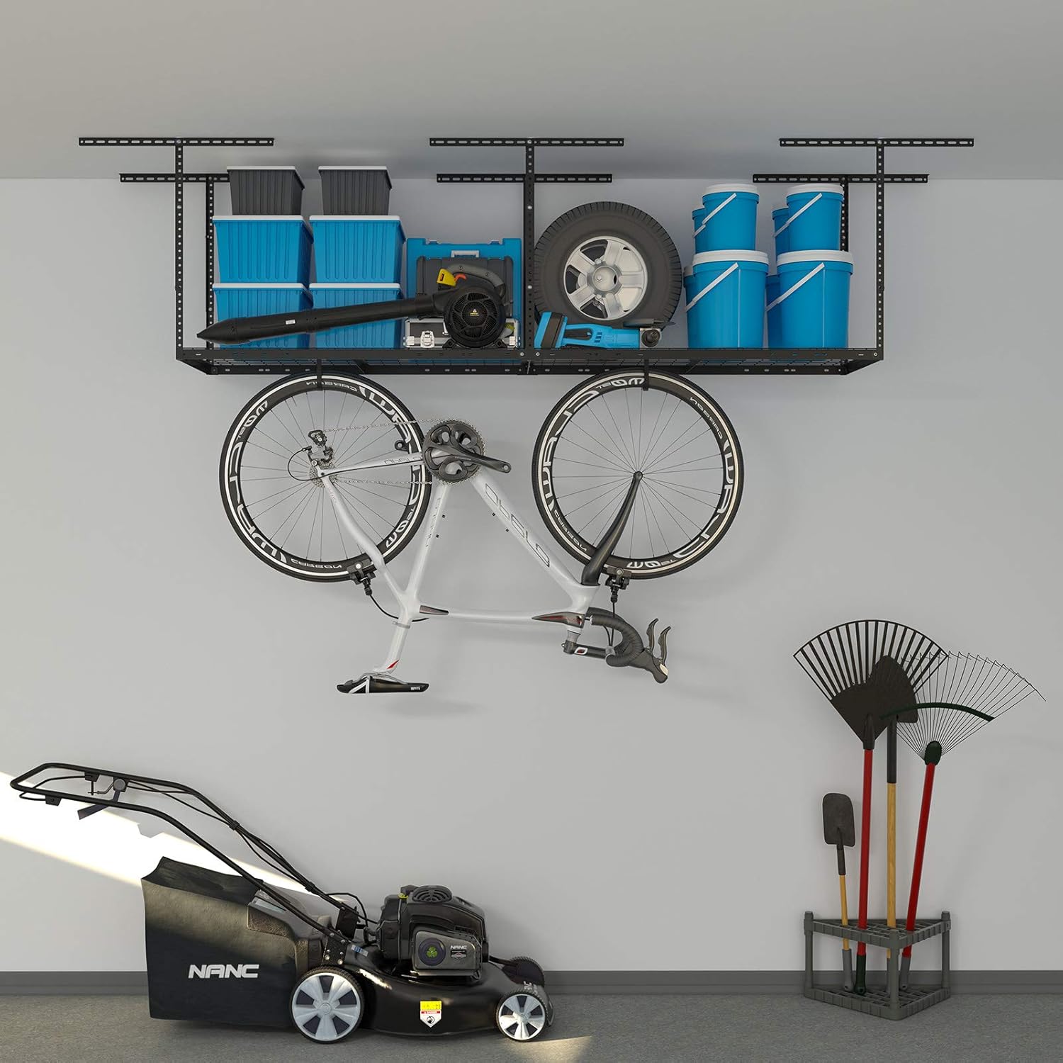 2ftx8ft Overhead Garage Storage Rack, Heavy-Duty Metal Garage Ceiling Storage Rack, 22''-40" Adjustable Ceiling Drop-Down, 400 lb. Loading Weight Capacity, Black