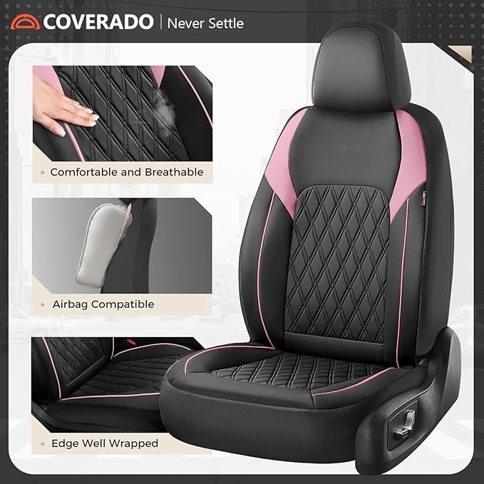 Coverado Seat Covers, Car Seat Covers Full Set, Car Seat Cover, Car Seat Covers Front Seats and Back, Waterproof Car Seat Cushion, Faux Leather Car Seat Protector Universal Fit Most Cars, Black&Pink