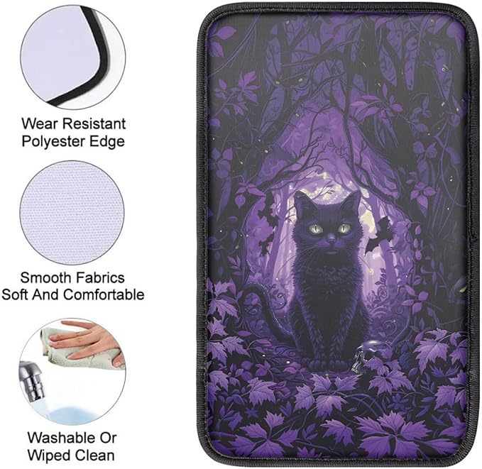 Suobstales Cat Bat Maple Leaves Print Car Armrest Pad Soft Center Console Arm Rest Protector Cover Halloween Decoration Universal Car Interior Accessories Decoration