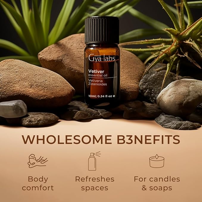 100% Pure Vetiver Essential Oil - 0.34 Fl Oz - Vetiver Oil for Hair, Skin, Diffuser, Aromatherapy & DIY Candle Making Scent