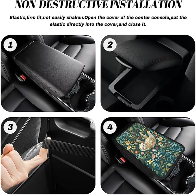 Sloth Floral Tree Print Center Console Covers for Cars Washable Auto Armrest Storage Box Mat Waterproof Car Armrest Seat Box Cover Cushion Car Accessories Interior Protection