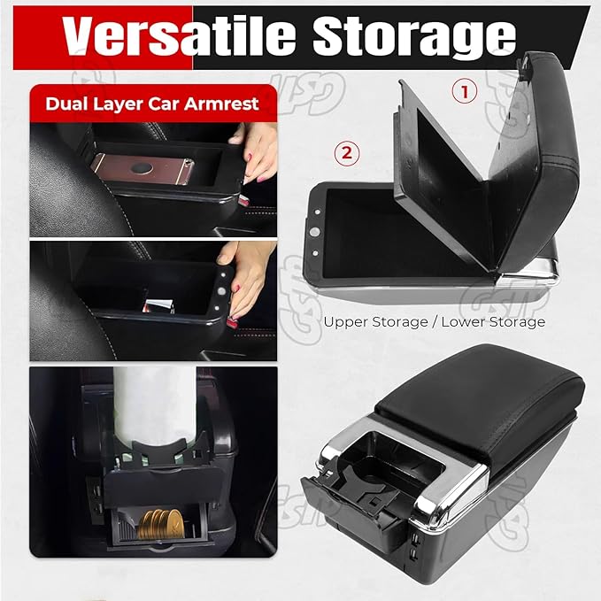 Center Console Armrest Compatible with Mini Cooper Coupe R50 R52 R53 R56 R57 R58 F55 F56 F57 Countryman with 7 USB Port Cup Holder Double Layer Organizer Storage Box (All Black)