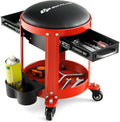 Goplus Rolling Mechanic Stool, Shop Stool Creeper Seat with Removable Padded Seat, 2 Drawers, Tool Tray, Twin Can Holder, Universal Wheels, Round Garage Workshop Chair, 330 Lbs Max Capacity