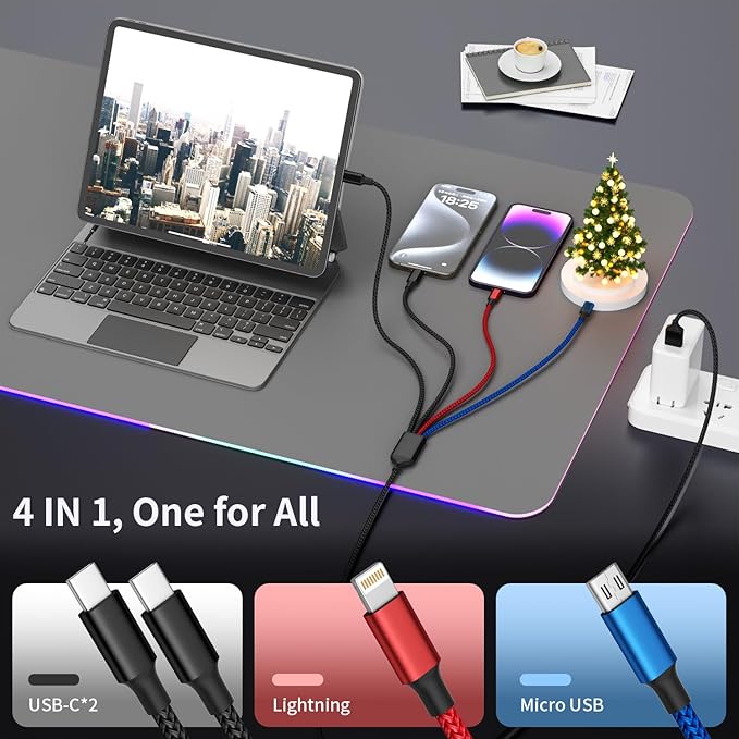 4Packs 5FT Dual Type-C 4 in 1 Multi Charging Cable with 2 USB-C/IP/Micro Port, USB Cable iPhone Charger Cord, Travel Cruise Essentials Car Accessories for iPhone17-8, Galaxy 25 Android iPad, More