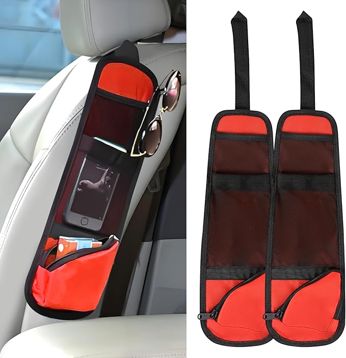 Hovom 2PCS Car Seat Storage Hanging Bag, Multi-Pocket Auto Seat Side Organizer, Multifunctional Mesh Pocket Auto Front Seats Organizer for Phone Wallet Glasses, Universal Car Accessories (Red, 2PCS)