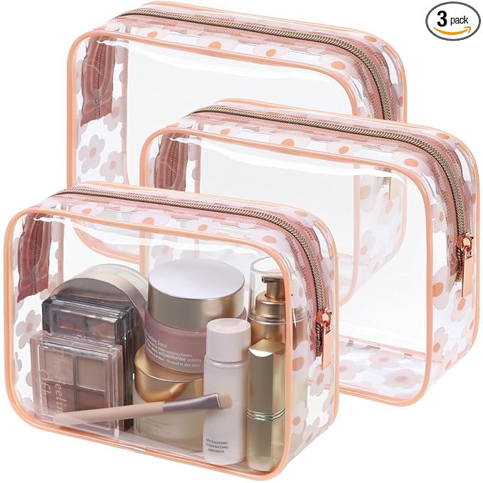 PACKISM TSA Approved Toiletry Bag - Rose Pink Flower Print Clear Makeup Bag, Suitable for Gifts, with Supporting Frame, Perfect for Travel Essentials, Thick No Smell