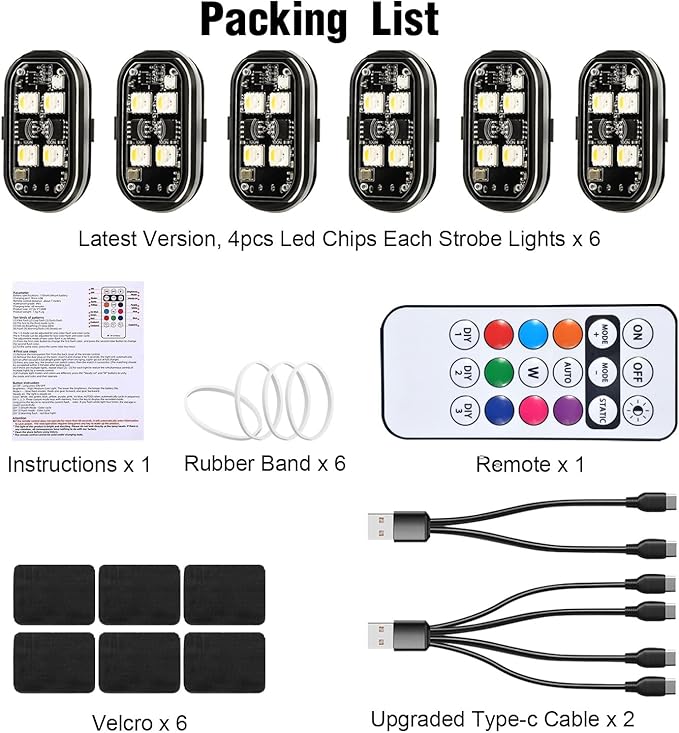 6PCS Wireless LED Lights with Remote Control, Upgraded 4LEDs 8 Colors, Interior Underglow Anti Collision Warning Strobe Light for Car Motorcycle Bike