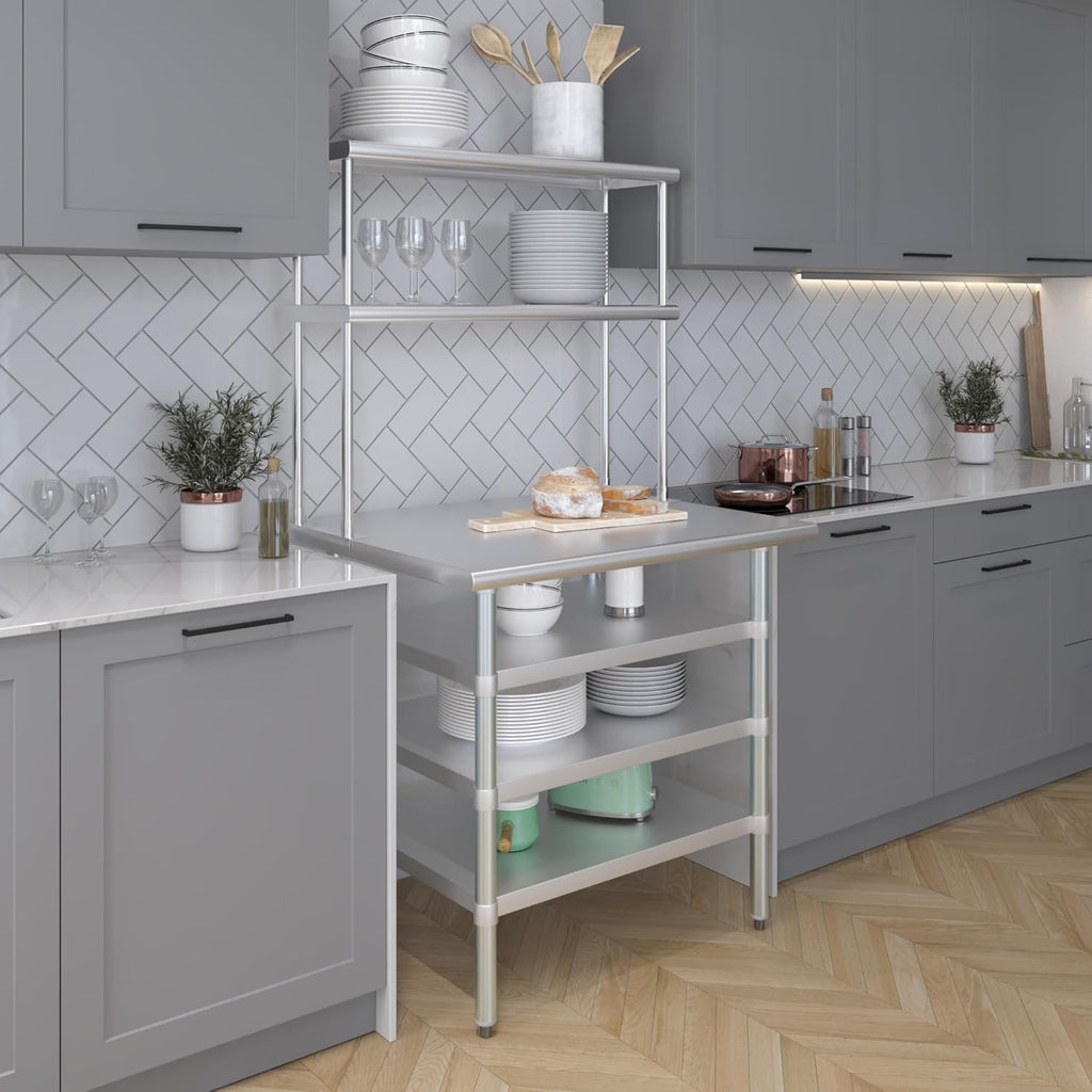 Amgood 30" x 36" Stainless Steel Work Table with 3 Shelves and 12" Wide Double Tier Overshelf | Metal Kitchen Prep Table & Shelving Combo | NSF