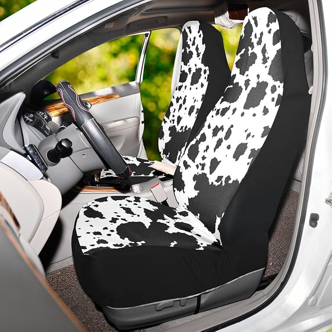 Cow Print Car Seat Covers Set of 2,Rustic Spotted Milk Cow Fur Texture Black Cowhide Universal Auto Front Seat Protector for Women Cute Animal Skin Pattern Car Accessories Fit for Car Truck