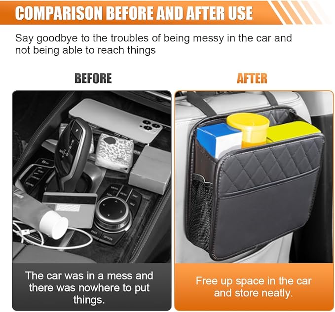 LAINLOY Classic Car Backseat Organizer, Black, 8L Capacity, Foldable, Hanging Mount, PU Leather, Unisex, 1 Count