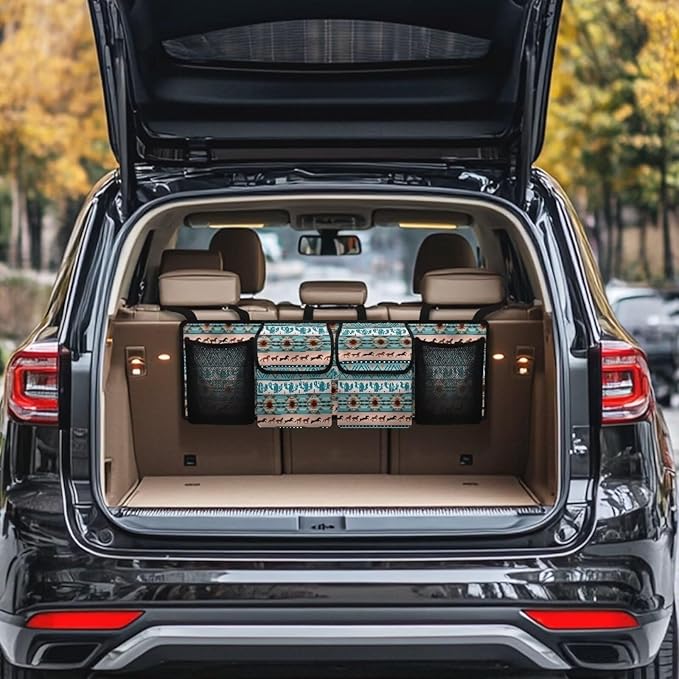 Aztec Ethnic Horse Large Capacity Car Trunk Organizer, Waterproof Oxford Backseat Hanging Storage Bag with 4 Pockets, Foldable Car Organization for Car Tools, Car Accessory for SUV Truck