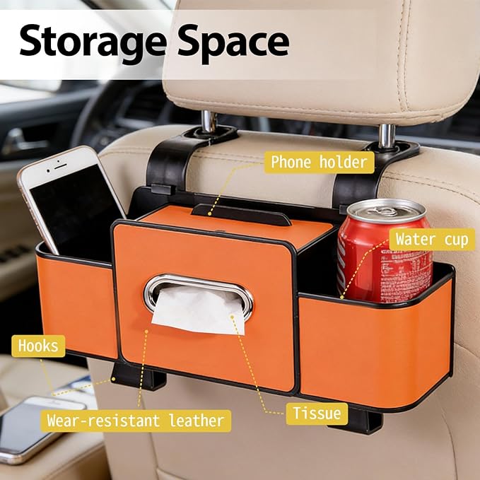 ZenChef Three-in-one Car Organizers and Storage, 2025 New Multi-function Car Tissue Holder, Multi-function Backseat Car Organizer with Cup Holder, Tissue Box, Hook (orange)