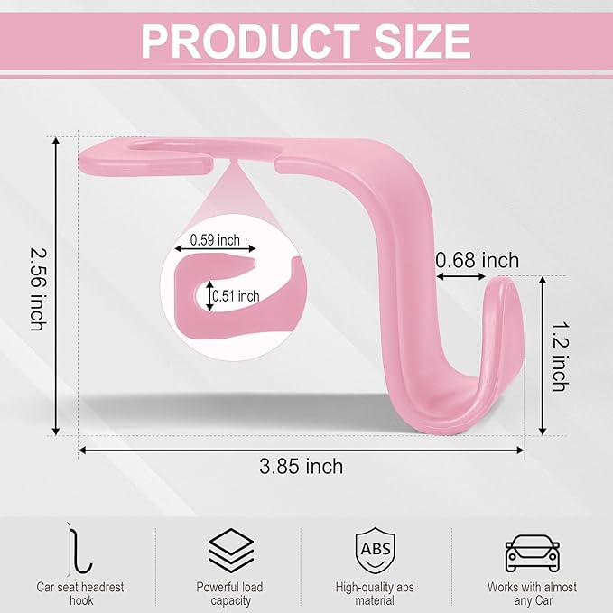 LivTee Car Seat Headrest Hook, Auto Seat Hook Hangers Storage Organizer Interior Accessories for Purse Coats Umbrellas Grocery Bags Handbag, 4-Pack - Pink