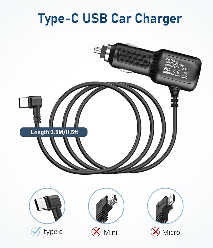 Dash Cam Charger USB C, Type C Car Charger, Dual Port Dashcam Power Adapter, Fast Charging Cord for REDTIGER F7N, Vantrue N4, WOLFBOX Dashcam (11.5FT)