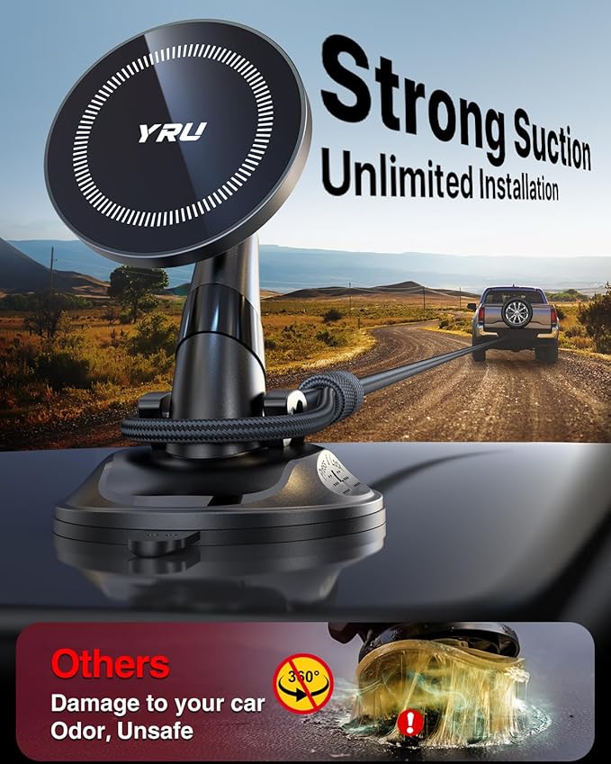 YRU [True Upgraded Military-Grade Phone Holder for Magsafe Car Mount 360° Rotating Vacuum Suction Dashboard, 2800gf Strongest Magnetic Windshield Phone Mount for iPhone 17 Pro Max 16 15 14,Black