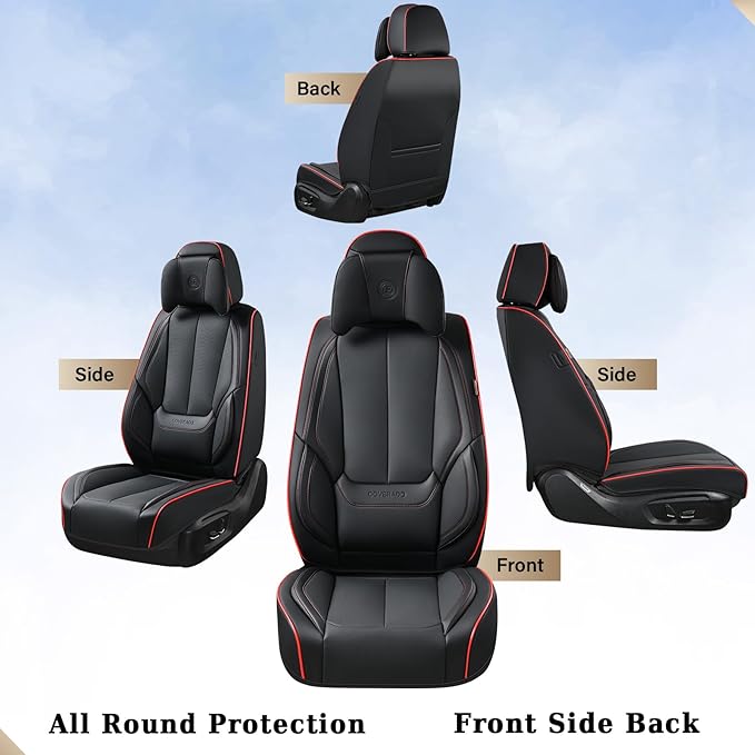 Coverado Universal Seat Covers Full Set, 5 Seats Universal Seat Covers for Cars, Waterproof Nappa Leather Car Seat Covers with Head Pillow, Auto Protectors Fit for Most Pick-up Truck, Black&Redline