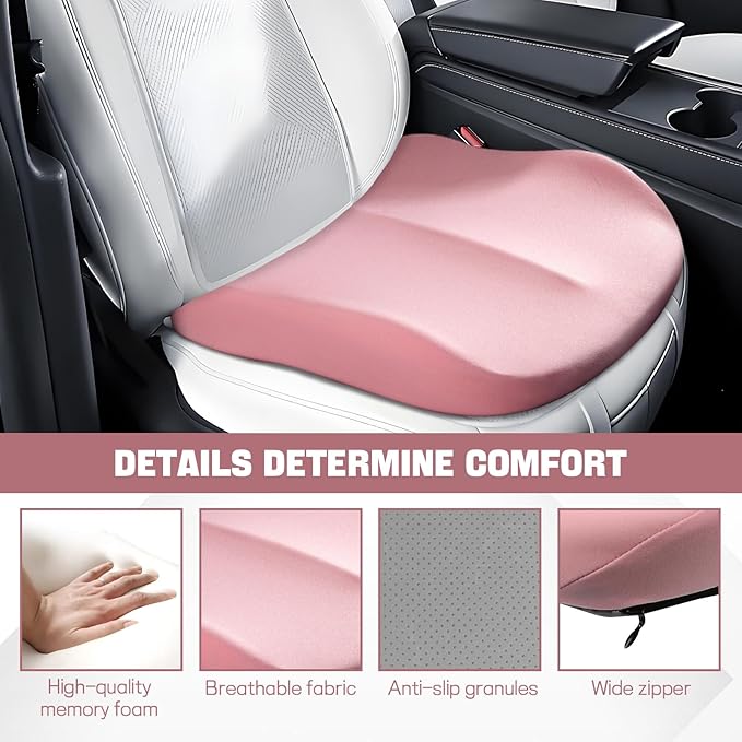 Hovom Car Seat Cushion, Wedge Memory Foam Car Cushion for Driving Seats, Non-Slip Adult Booster Seat Cushions Pad for Driver, Raise Height to Improve Driving Vision & Tailbone Pain Relief (Pink)