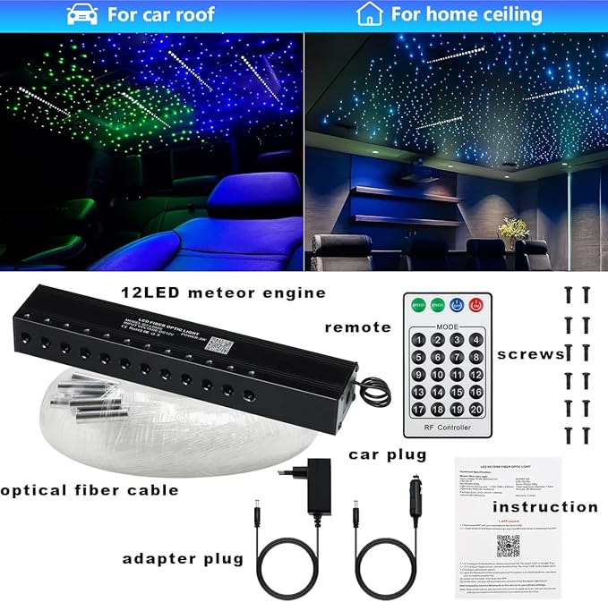 AMKI 96pcs*0.04in*9.8ft Pure White Meteor Shooting Stars Effect Fiber Optic Lights Kit,12 Holes LED MeteorLight Engine with Bluetooth+RF Remote Control 20 Meteor Modes