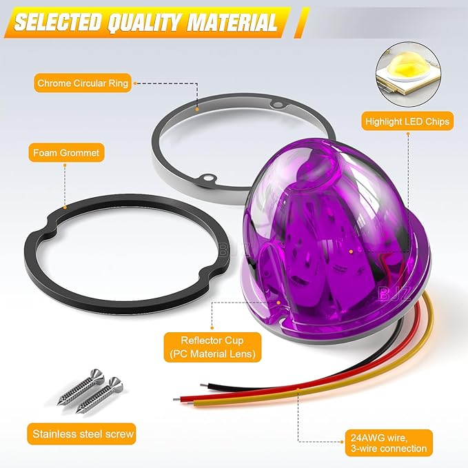 BJZ 10Pcs Purple Watermelon LED Strobe+Constant Marker Lights Dual Function Watermelon-Shaped Side Marker Clearance Tail Top Cap Roof Lights for Trailer Truck Semi-Trailer Heavy-Duty Truck Bus Van