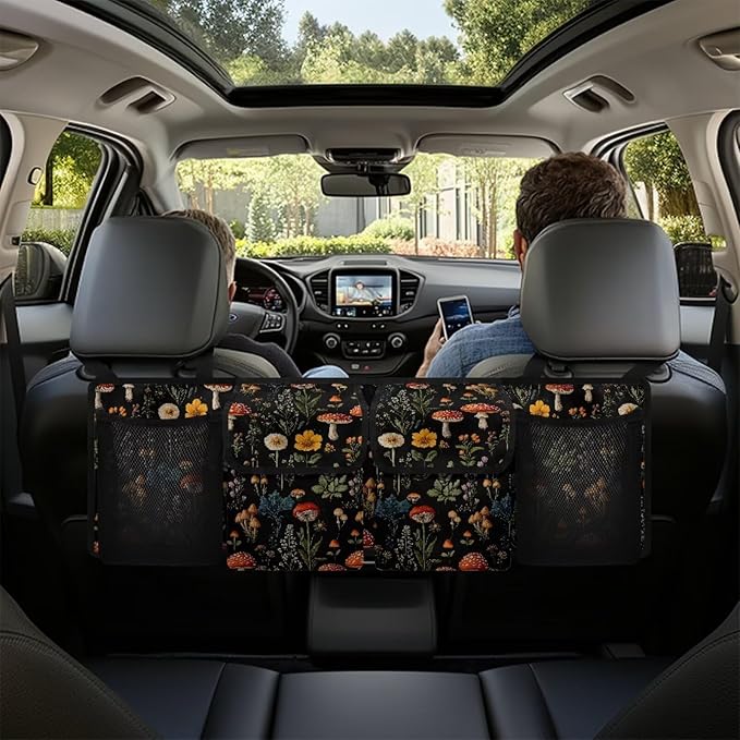 Mushroom Leaf Car Trunk Organizer, Auto Backseat Hanging Storage Bag with Adjustable Strap & 4 Pockets, Car Back Seat Cargo Bag, Car Interior Accessories