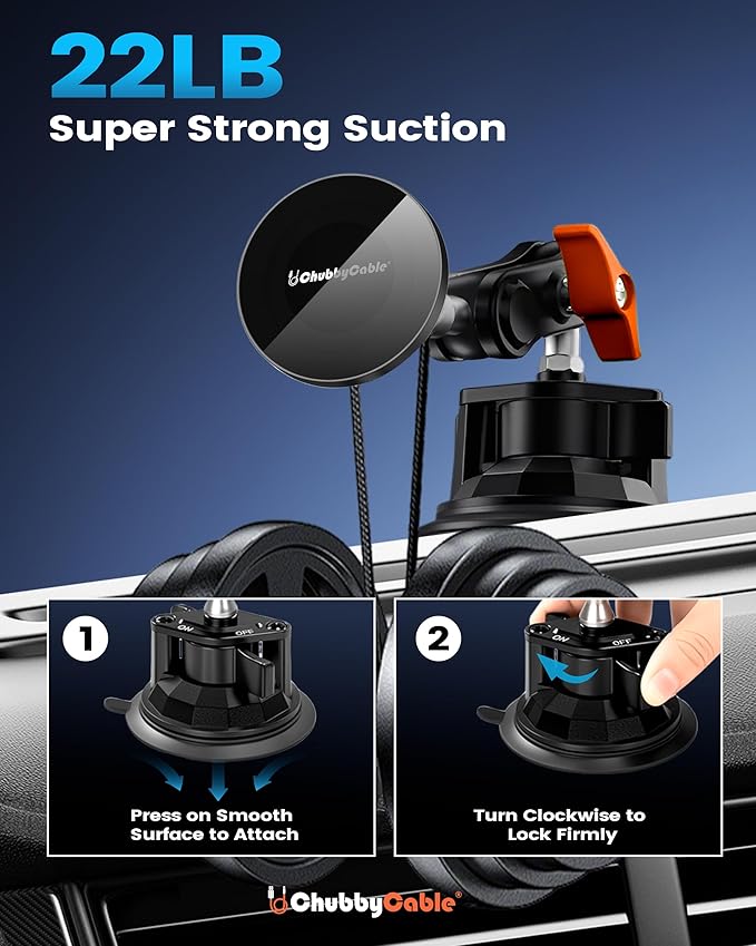 chubbycable ChubbyGrip Magnetic Car Phone Holder 360° Adjustable Car Phone Mount for Windshield, Ultra-Durable Metal Suction Cup Phone Mount for iPhone Samsung All Smartphone, Magnetic