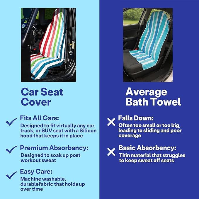 2 Pack Car Seat Towel Covers, Sweat Protector for Front Seats, Premium Thickened Microfiber with Colorful Rainbow Stripes, Breathable & Quick Dry, Slip-on Headrest Pocket for Gym, Beach, Running
