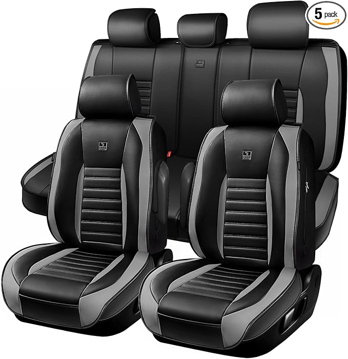 CAR PASS Nappa Leather Car Seat Covers Full Set, Luxury Seat Protector for Cars, Waterproof Anti-Slip Seat Cushion Armrest Compatible Airbag Universal for Sedan SUV Pick-up Truck Auto, Black Gray