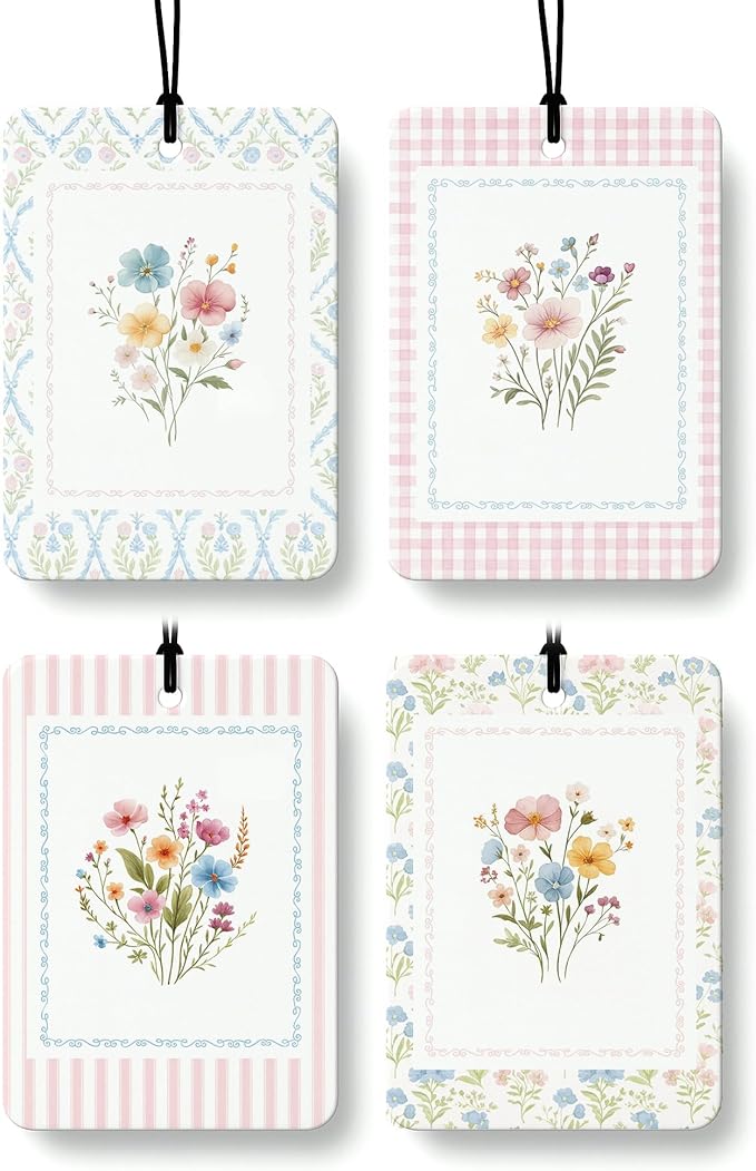 Retro Rustic Floral Car Air Freshener 4 Pcs Coconut Scented, Cute Girly Car Accessories Mirror Decor for Women, Cottagecore Flower Aesthetic Hanging Air Freshener for Cars Closet Drawer Books