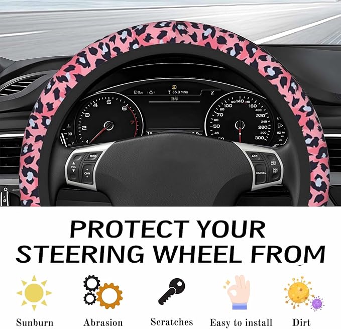 Steering Wheel Cover Accessories Neoprene Cover, Breathable Non-Slip Easy to Install Suitable for Women Men, 14.5-15.5 Inch for Car SUV Van Truck Universal - Pink Small Panther