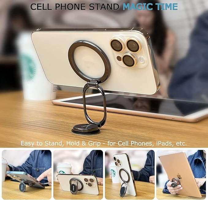 Doflyesky Magnetic Phone Ring Holder for Magsafe Phone Grip, Double-Sided Magnetics Adjustable Gym Finger Ring Grip Kickstand, Removable Phone Grip, for iPhone, iPad and Smartphones(Brown)