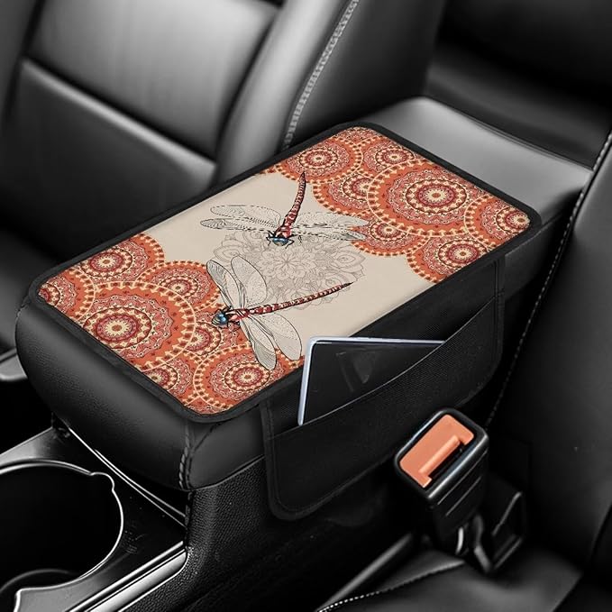 Dragonfly Bohemia Mandala Pattern Car Armrest Cover Stretchy Vehicle Box Cover Protector Lightweight Auto Center Console Pad Armrest Seat Box Cover Protector