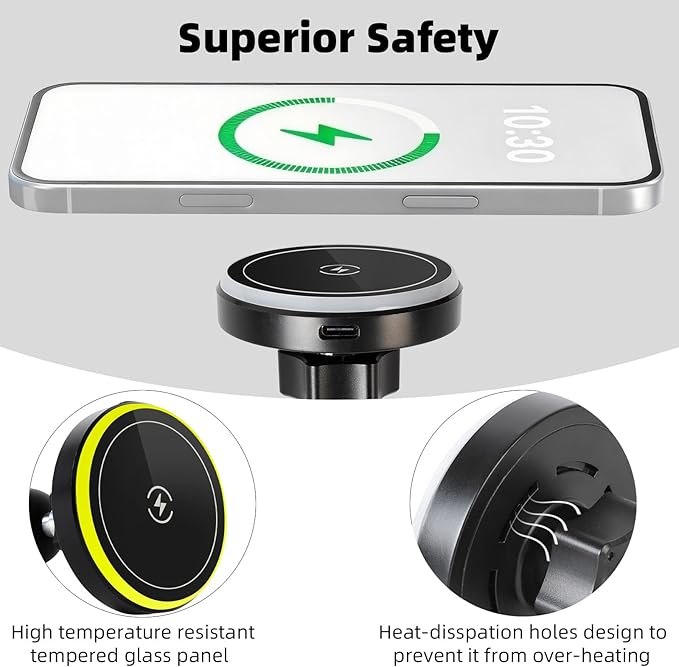 Magnetic Wireless Charging Phone Holder Base for RAM Mounts, 1" (25mm) Ball Mount with Short Aluminum Arm, Compatible with Magsafe iPhone 17/16/15/14/13/12 Series