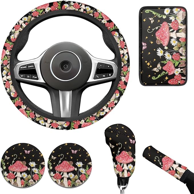 Mushroom Print Car Steering Wheel Cover Set for Men Women Mushroom Car Interior Accessories Cup Coaster Cars Handbrake Cover Universal Fit Truck Van SUV