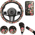 Mushroom Print Car Steering Wheel Cover Set for Men Women Mushroom Car Interior Accessories Cup Coaster Cars Handbrake Cover Universal Fit Truck Van SUV