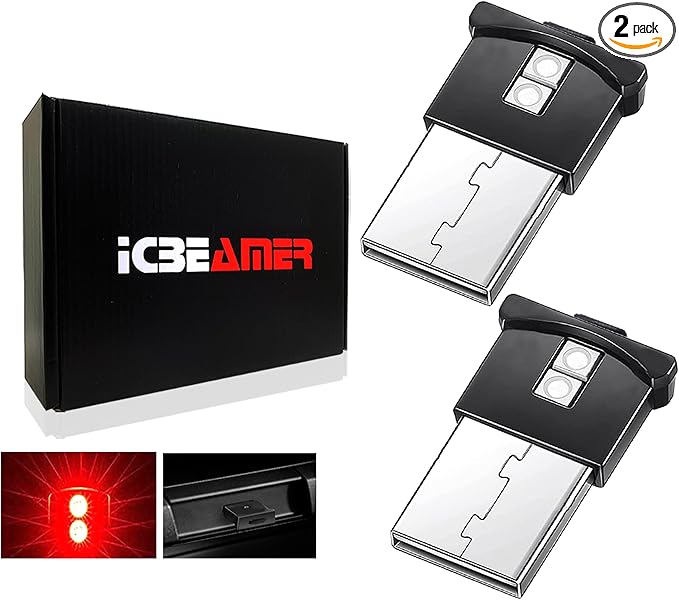 ICBEAMER Mini Smart USB Type-A 2-Pack (Red) | LED Night Light for Car Interior, Trunk, Center Console, Easy Plug-in, Enhance Automotive Ambiance, Ideal for Night Driving