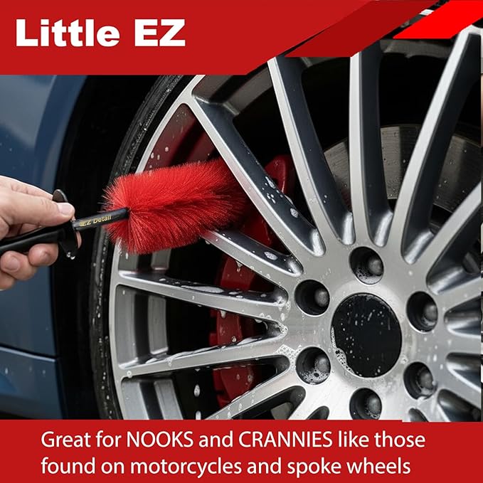 EZ Detail Brush Little - Red - Wheel Rim Cleaner for Cars, Bike, Trucks, Motorcycle, and Other Vehicles. Non-Scratch Auto Detailing Tool, Easily reaches Nook and Crannies